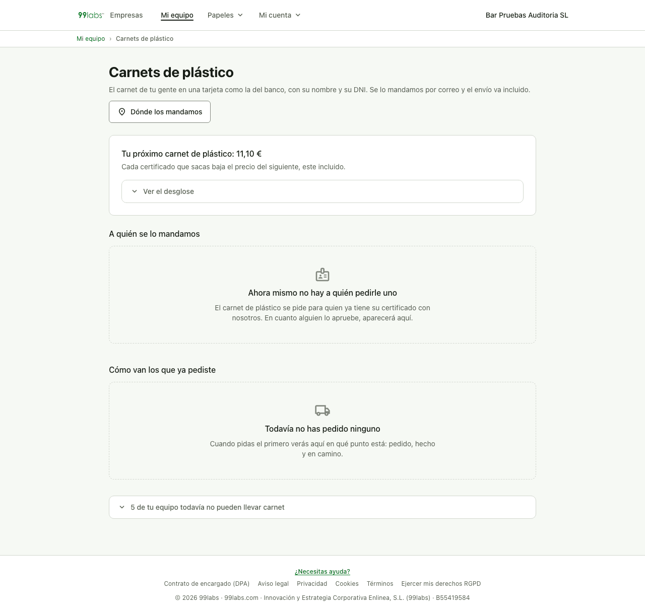 Pantalla real para pedir y seguir los carnets de plástico