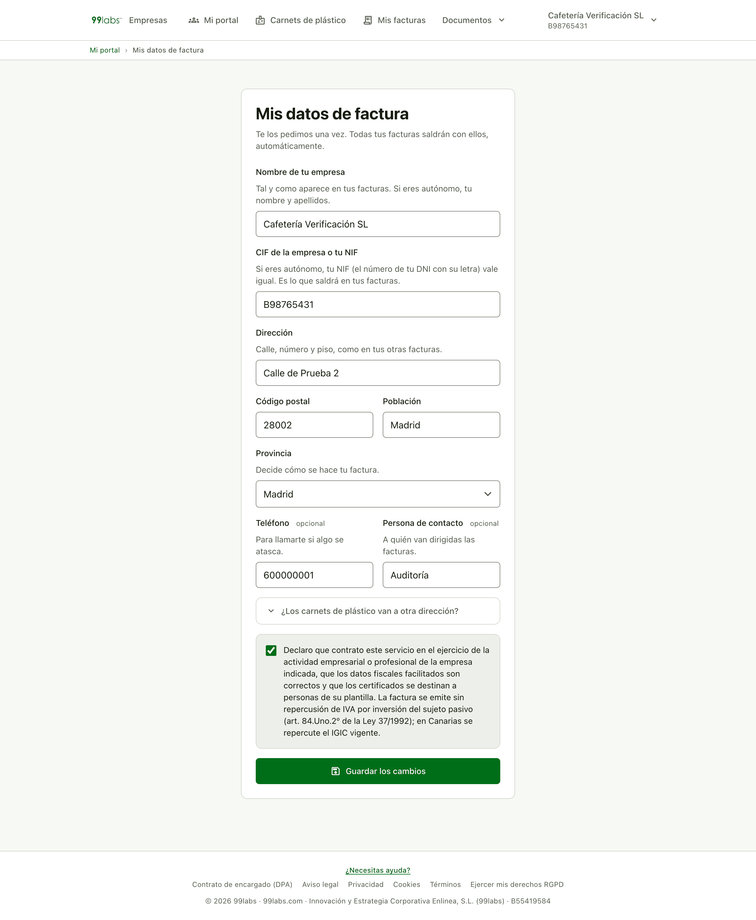 Pantalla real donde se revisan los datos que llevan las facturas