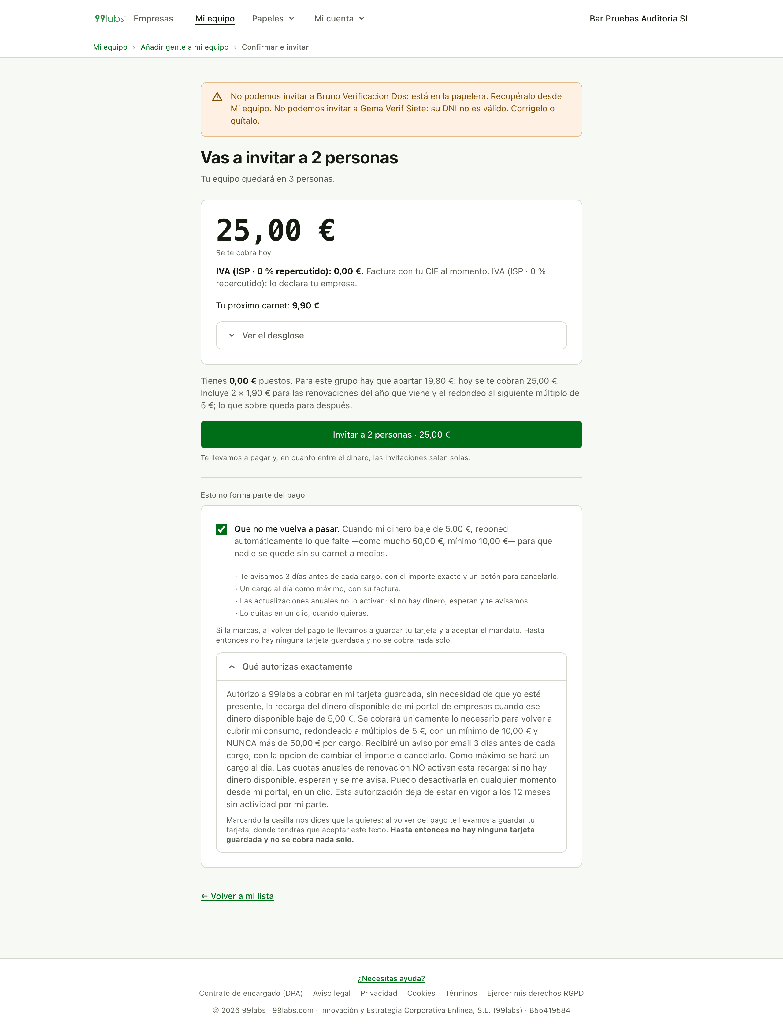 Pantalla real que confirma las personas y el importe antes de invitarlas