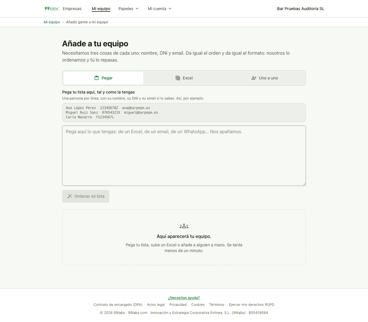 Pantalla real para añadir o subir la lista de personas del equipo