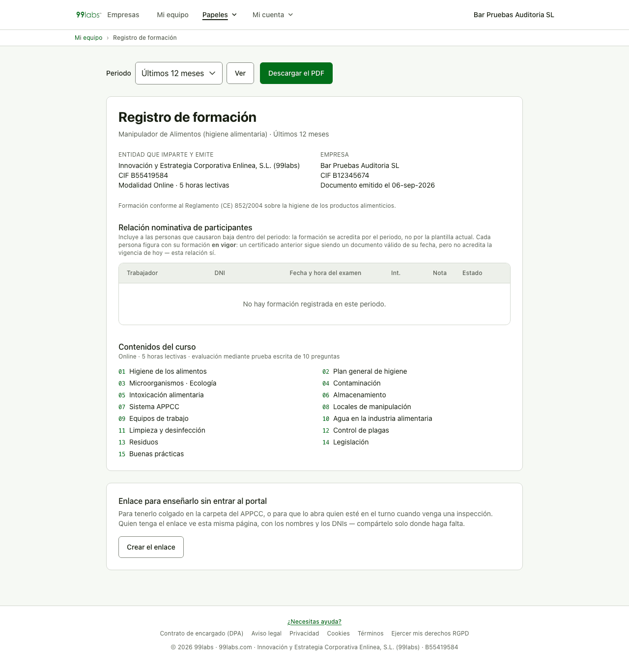 Pantalla real del registro de formación listo para descargar